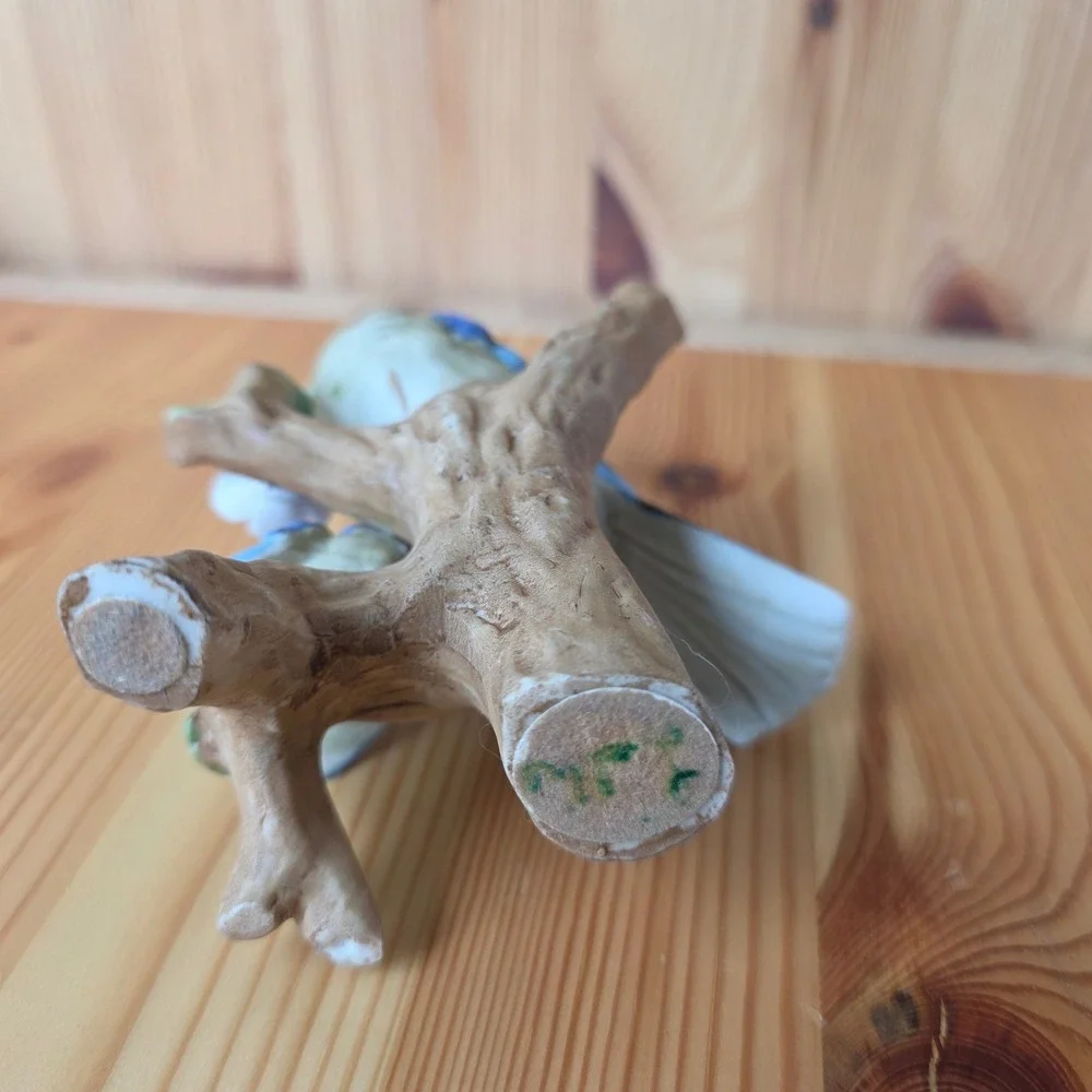 Vintage Porcelain Blue Jay and Fledgling Bird Figurine on Branch with Flower